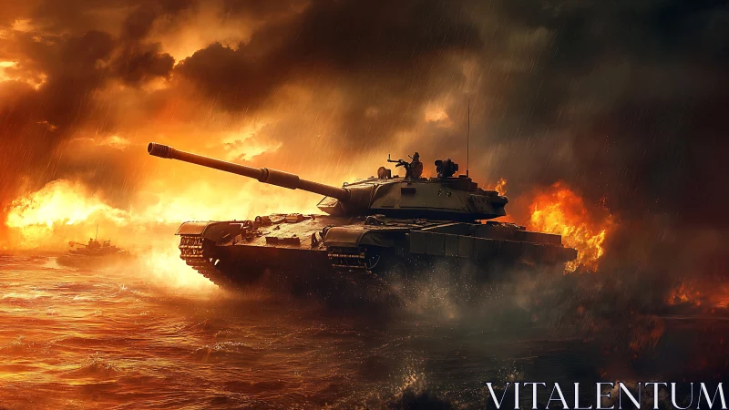 Battle tank charges through fiery storm-lit battlefield at dusk.