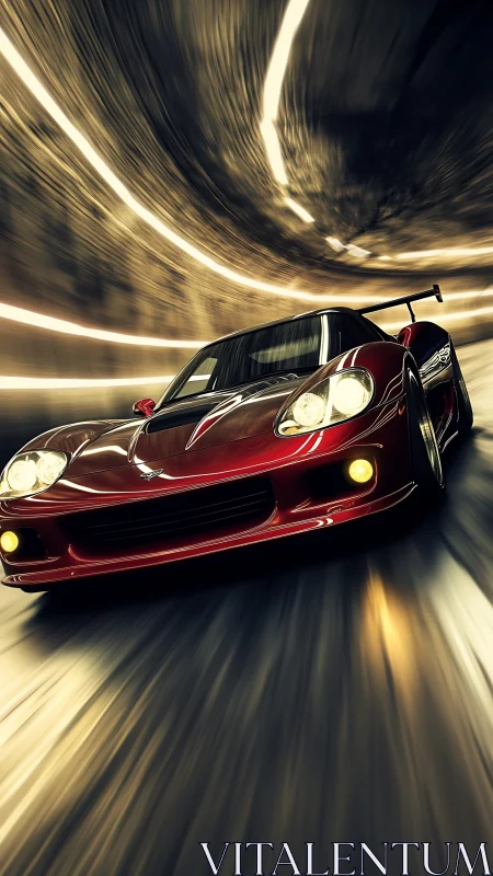 Red sports coupe in motion within illuminated tunnel environment.