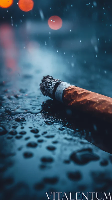 Rainy night cigarette butt resting in moody blue puddles.