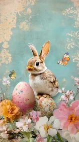 Spring rabbit atop painted eggs amid pastel blossoms.