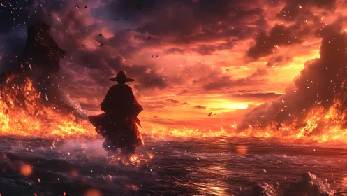 Silhouetted figure stands in fiery landscape with explosive illumination overhead