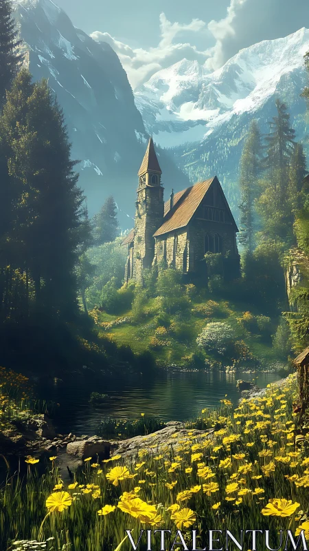 Sunny riverside chapel resting beneath peaceful snowy peaks.