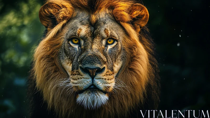 Golden-maned lion gazing softly through forest shadows.