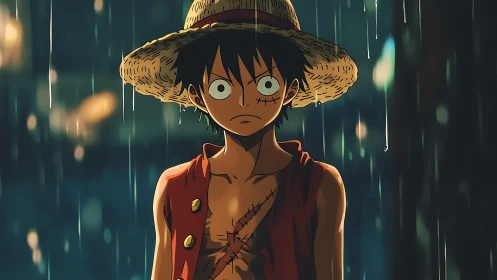 Straw-hat boy stands in the rain with fierce, determined gaze.