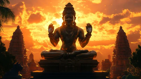 Sun-drenched deity floats above temples in molten calm