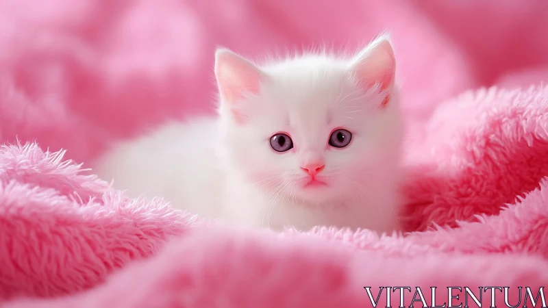 White Kitten Portrait Among Pink Fur Textures.