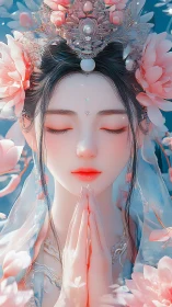 Serene lotus goddess prays in soft celestial morning light