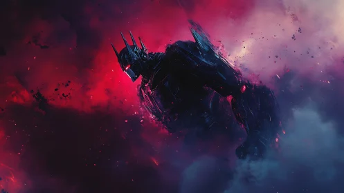 Titanic cybernetic warlord emerges through crimson nebula.