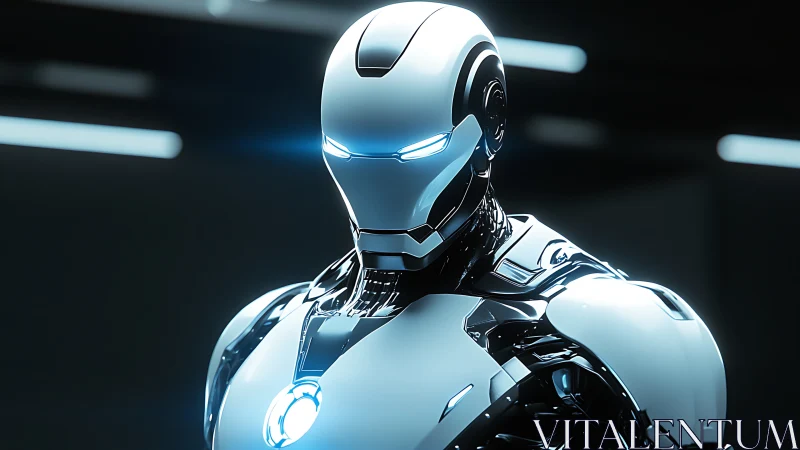 Chromed humanoid combat exoshell with luminescent optic arrays.