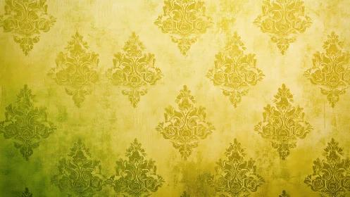 Ornamental damask motifs repeat across yellow green field