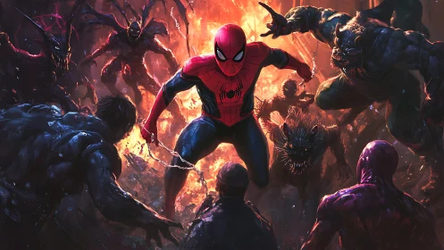 Spider-suited hero descends into a fiery clash with symbiote foes