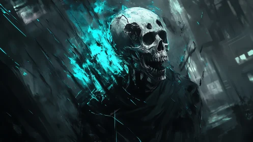 Glowing skull spirit strides through shadowy teal storm