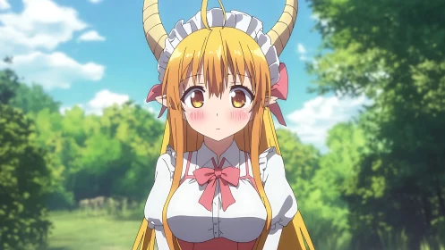 Shy horned maid blushes beneath a sunlit forest sky.