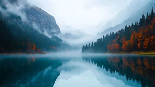 Misty alpine lake with autumn forest reflections at dawn.