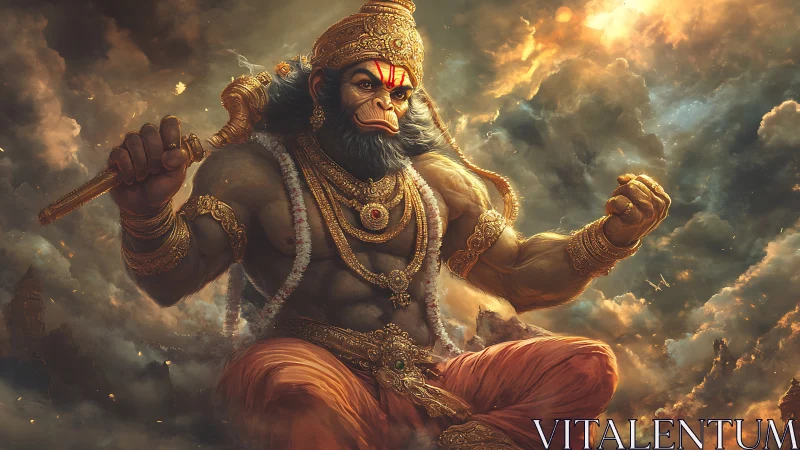 Mythic simian warrior in storm-forged digital luminance.