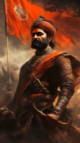 Warrior leader in ornate armor before orange battle flag.