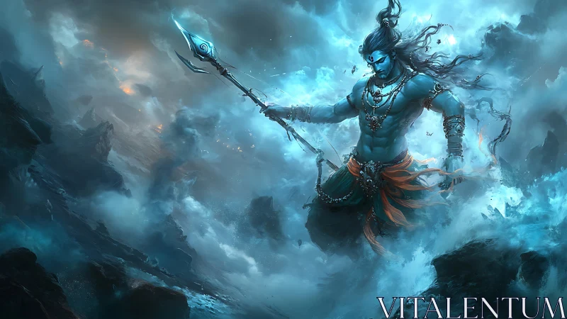 Mythic blue warrior storms ethereal battlefield in teal mist.