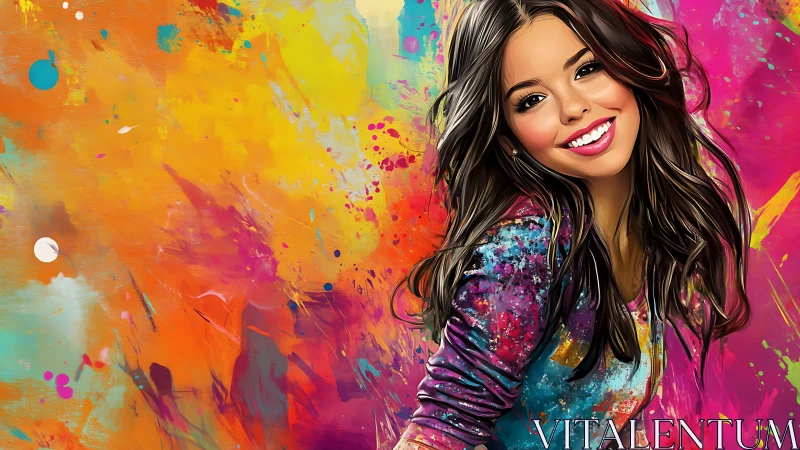 Vibrant digital portrait merges joyful figure and neon splashes.
