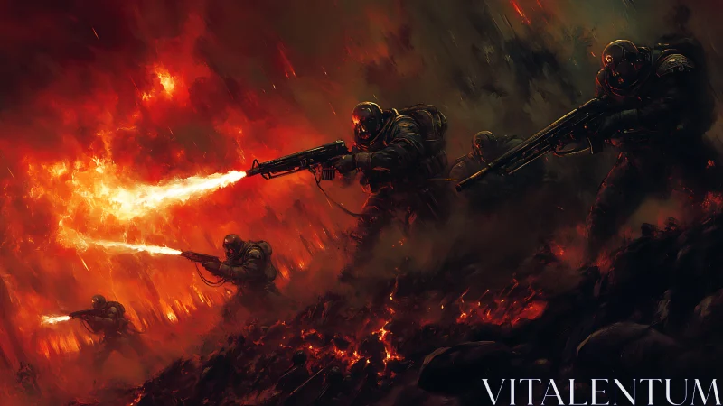 Hellfire vanguard storms a burning wasteland battlefield.