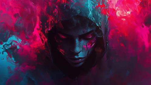 Shrouded face rests in neon mist, wrapped in vivid color