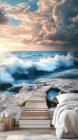 Ocean mural transforms serene bedroom into coastal escape.