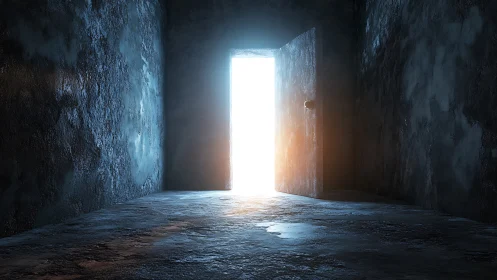 Dim concrete corridor shows open door with intense backlight