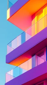 Geometric balconies glow with vivid neon gradient light