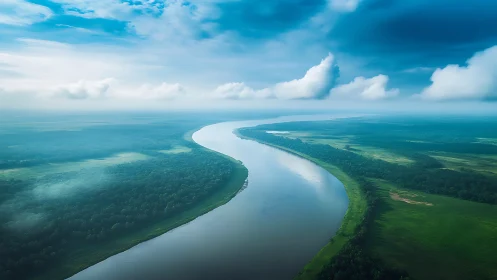 Serpentine river cuts through lush green plains under clouds