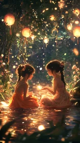 Two girls in lantern lit forest stream with glowing lights.