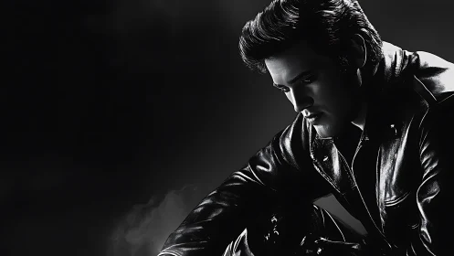 Moody leather-clad crooner lost in reflective shadows.
