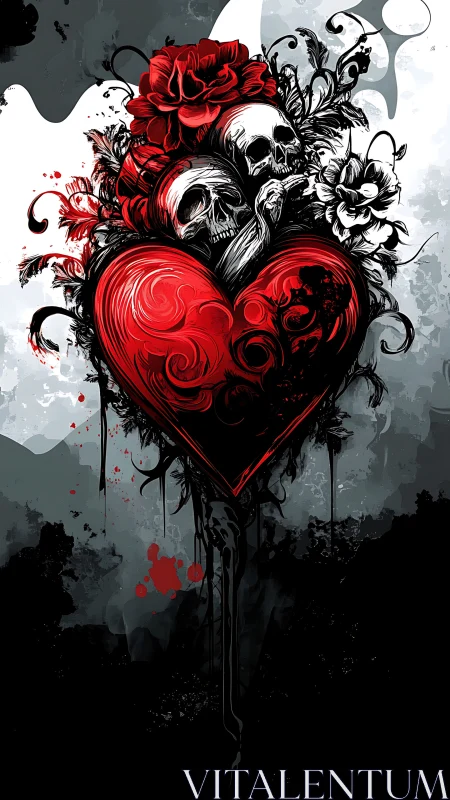 Ornate Heart with Skulls and Floral Elements.