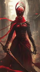 Armored red-clad warrior figure in narrow urban passage.