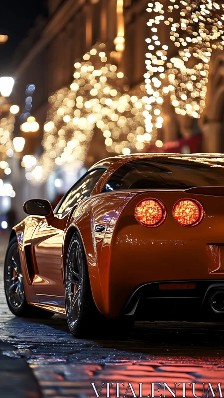 Orange sports car parked under city night lights.