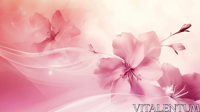 Pink flowers with flowing ribbons on soft gradient background