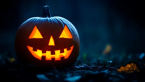 Carved jack o lantern sits illuminated on dark outdoor ground