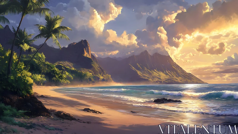 Tropical Coastal Landscape with Mountain Formations at Sunset.