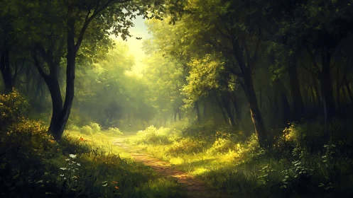 Golden Pathway Through Enchanted Forest Canopy.