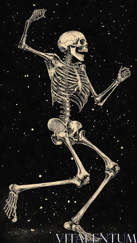 Skeletal figure in running pose against speckled dark field.