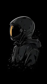Side-profile black spacesuit figure with amber visor on black