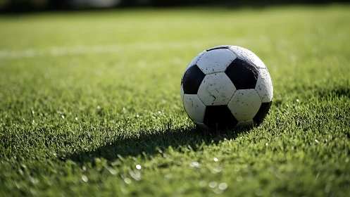 Soccer ball rests on trimmed grass under directional sunlight