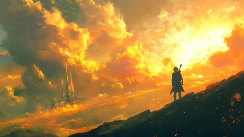 Lone warrior overlooks burning sky and distant citadel.