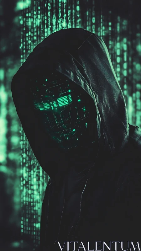 Hooded cyber entity emerges from glowing green data rain