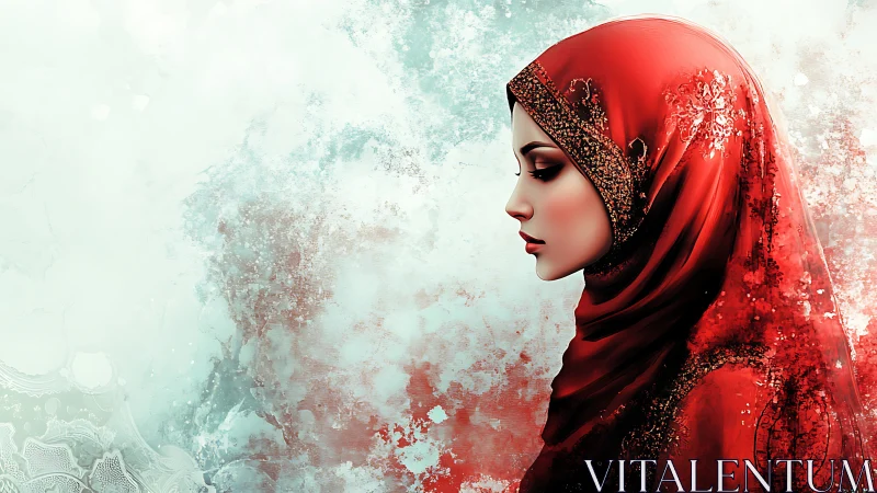 Side profile portrait of woman in ornate red hijab.