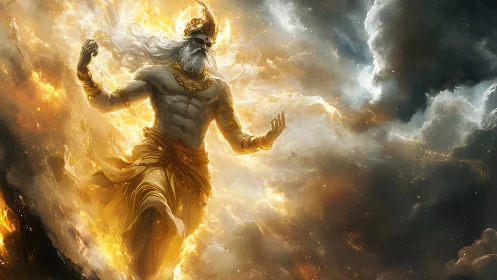 Mythic male figure amid luminous clouds and firestorm.