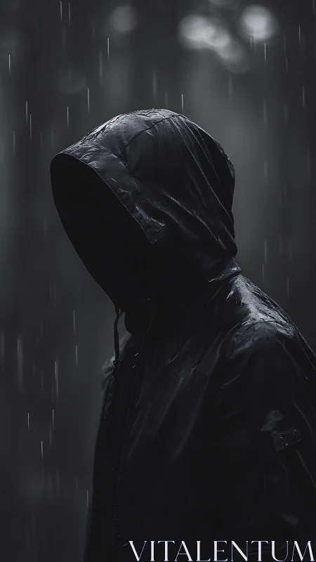 Hooded figure in the rain inviting quiet midnight reflection.