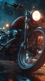 Custom motorcycle gleams under neon rain at night street.