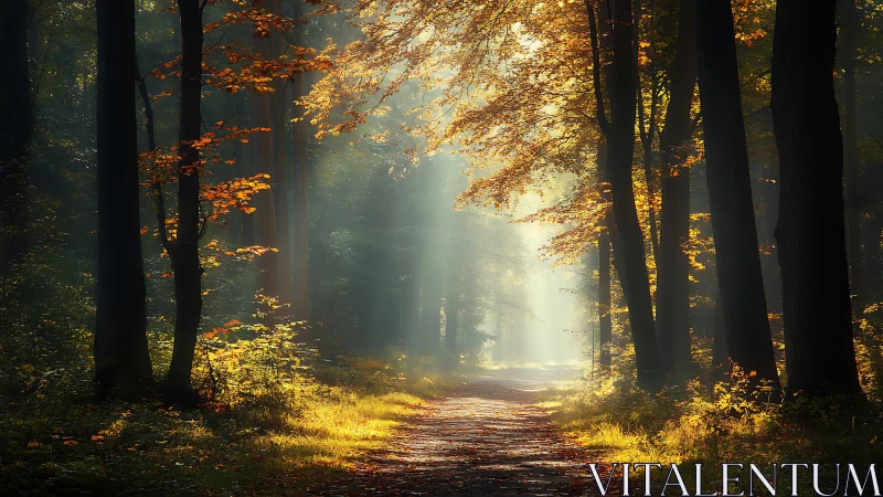 Golden Autumn Forest Path Glowing with Peaceful Light