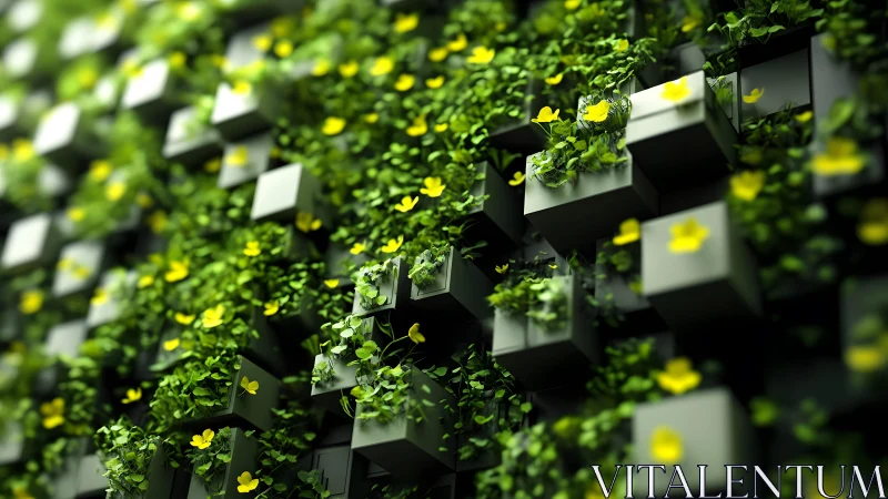 Modern green wall with geometric planters and yellow flowers, vibrant style.