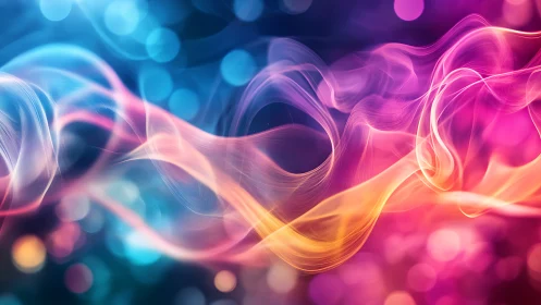 Multicolor flowing light waves over blurred bokeh field.