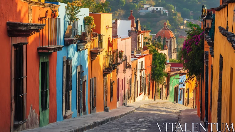 Color-saturated colonial street in steep morning perspective view